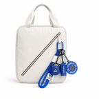 Blue fitness bag charm set with a mini barbell plate, kettlebell, and shaker bottle. A unique gym gift for workout lovers.