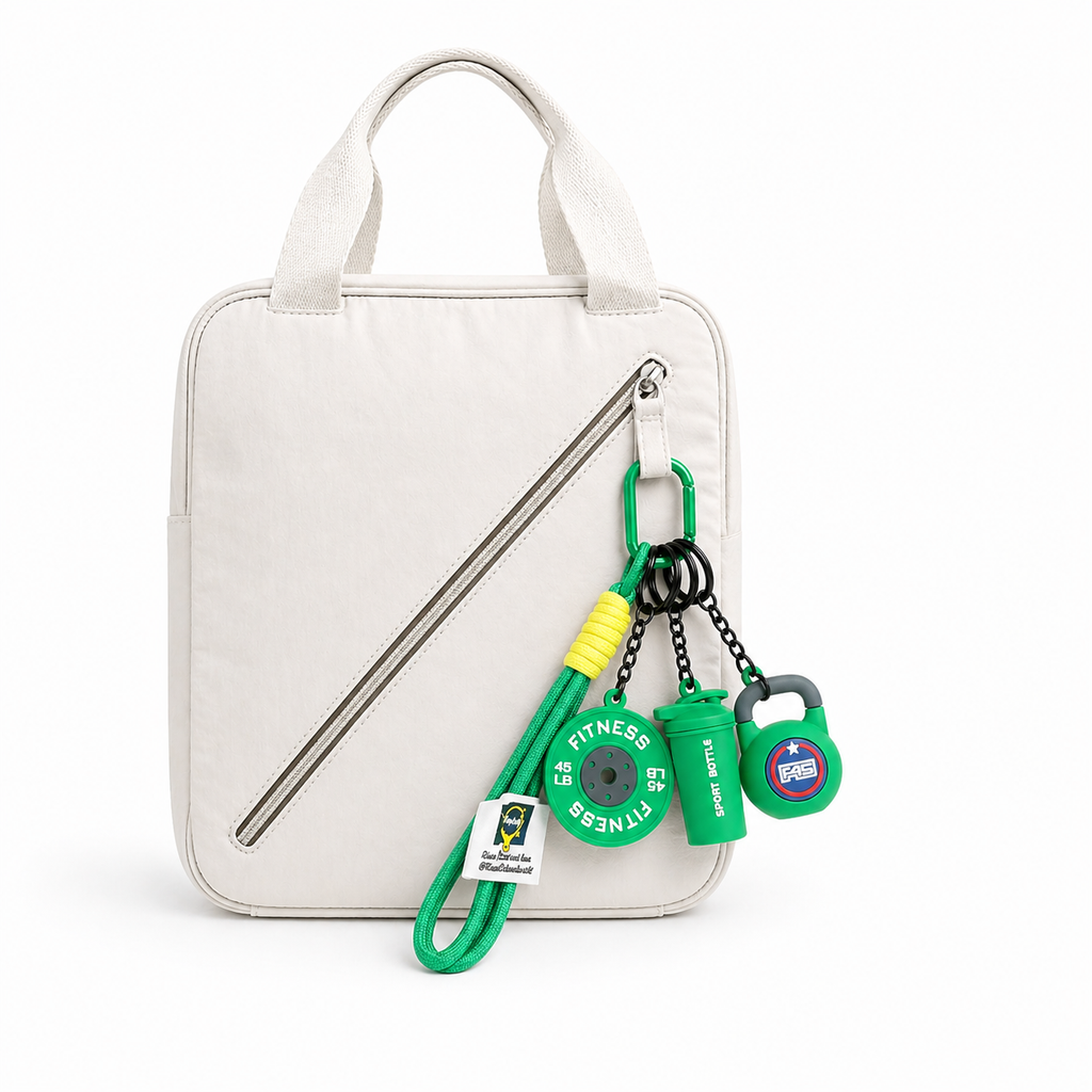 Green fitness bag charm set featuring a mini barbell plate, kettlebell, and shaker bottle. A unique gym gift for workout lovers.