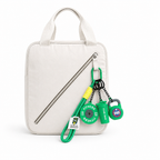 Green fitness bag charm set featuring a mini barbell plate, kettlebell, and shaker bottle. A unique gym gift for workout lovers.