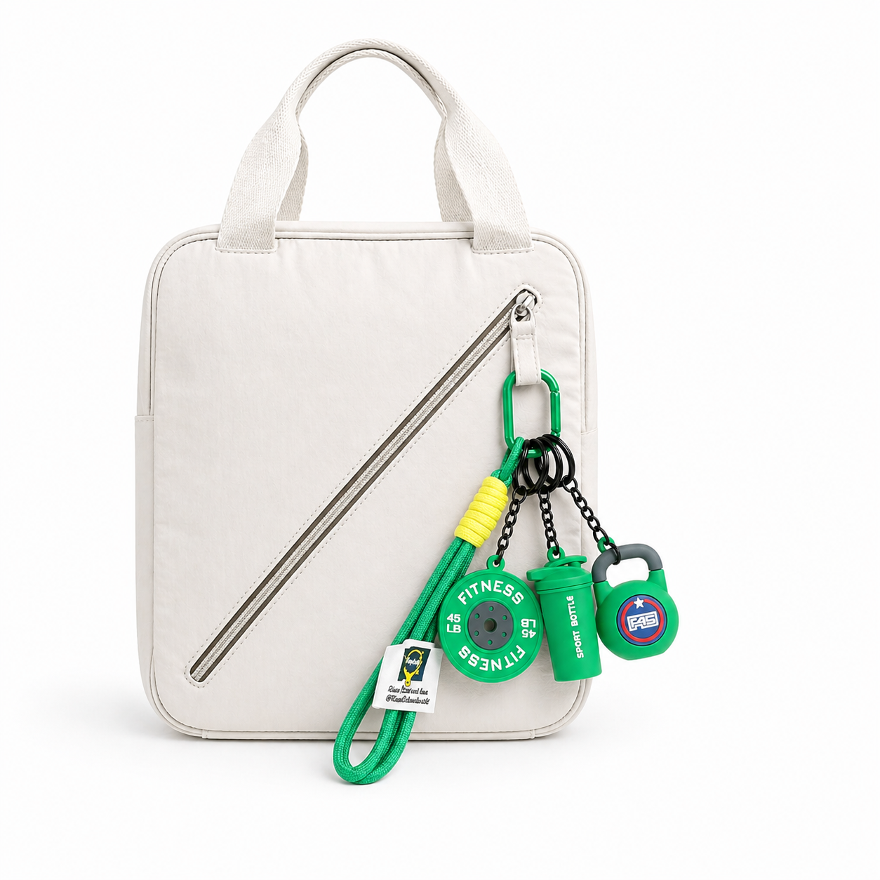 Green fitness bag charm set featuring a mini barbell plate, kettlebell, and shaker bottle. A unique gym gift for workout lovers.