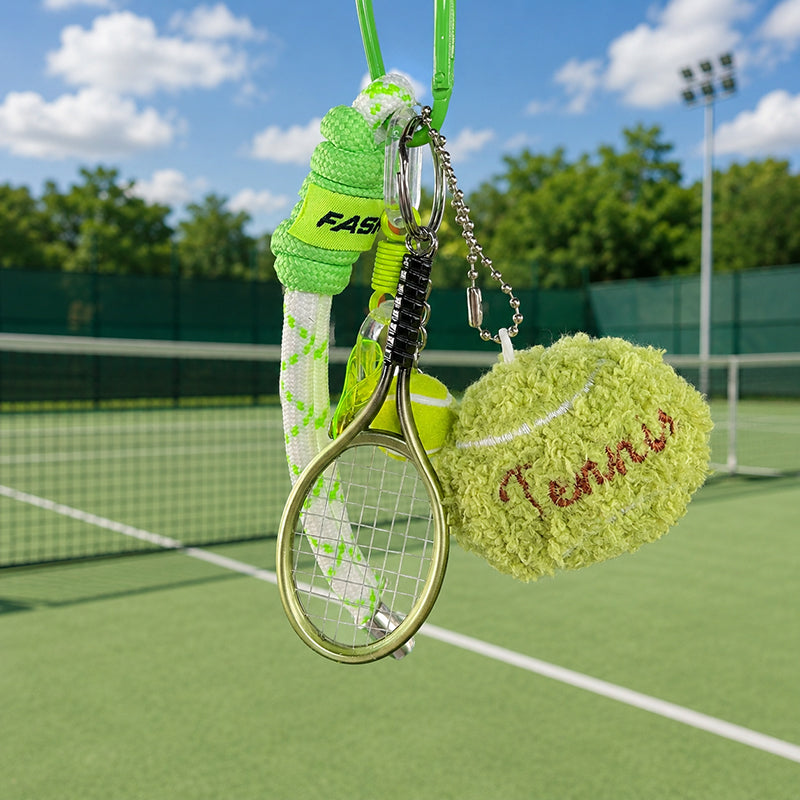 A green tennis-themed keychain set, featuring a fuzzy tennis ball with 'Tennis' embroidered in red and a miniature gold-framed racket, is displayed against a green tennis court with a net and trees in the background.
