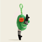 A humorous green bird-shaped plush keychain. It features a deadpan expression, an orange beak, and is dressed in black fishnet stockings and high heels, holding a black object against a plain background.