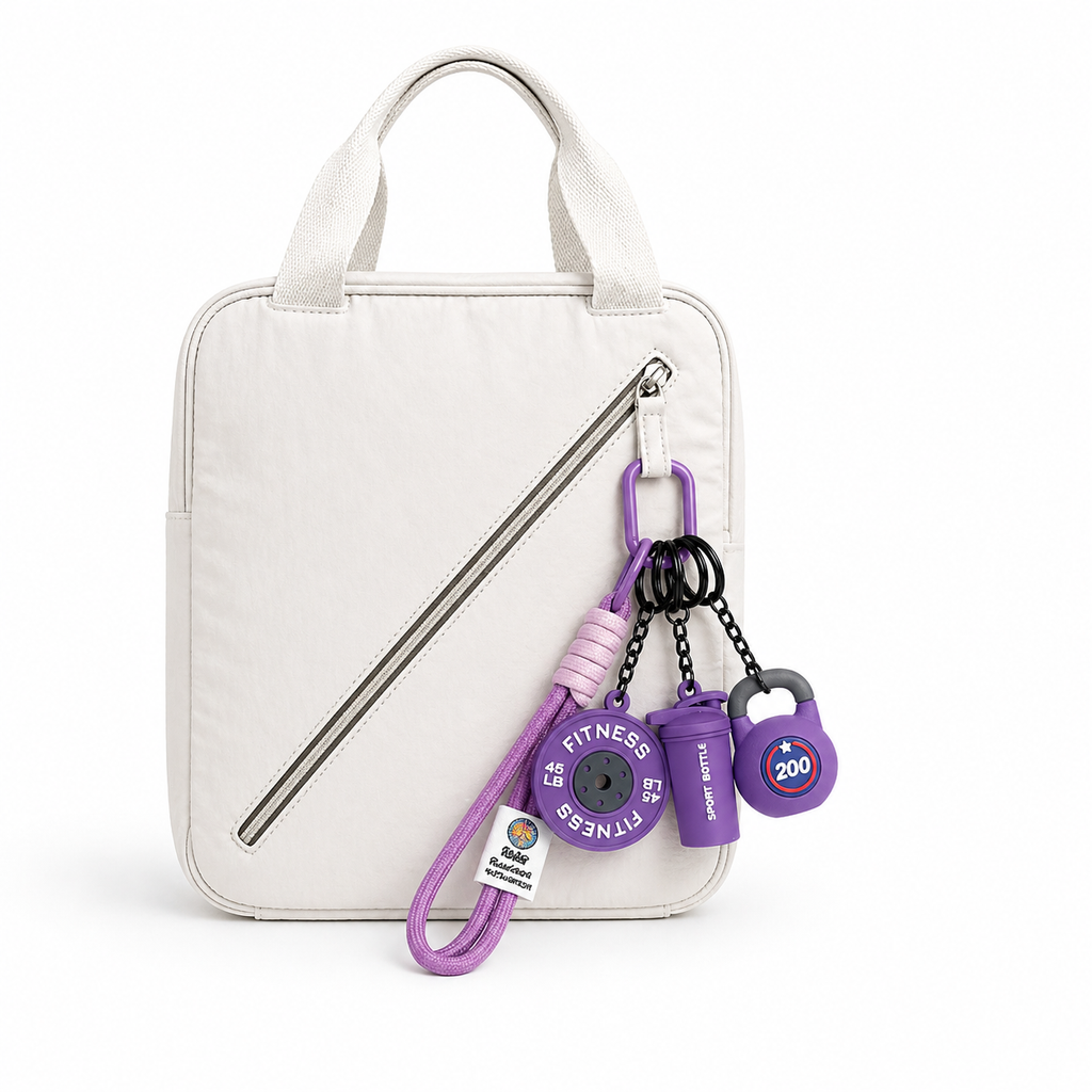  Purple fitness bag charm set with a mini barbell plate, kettlebell, and shaker bottle. A unique gym gift for workout lovers.