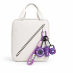  Purple fitness bag charm set with a mini barbell plate, kettlebell, and shaker bottle. A unique gym gift for workout lovers.